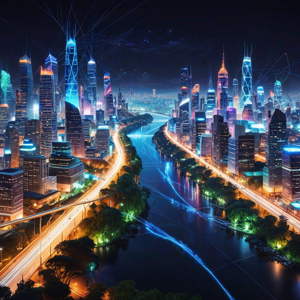A futuristic cityscape where vibrant, interconnected web networks flow like rivers of light, transitioning from a barren, desolate landscape to a flourishing, high-tech metropolis. The image should depict the transformation brought by innovative web technologies, with elements such as glowing fiber-optic cables, digital buildings, and thriving greenery symbolizing internet abundance. super-realistic. vibrant colors. white background.