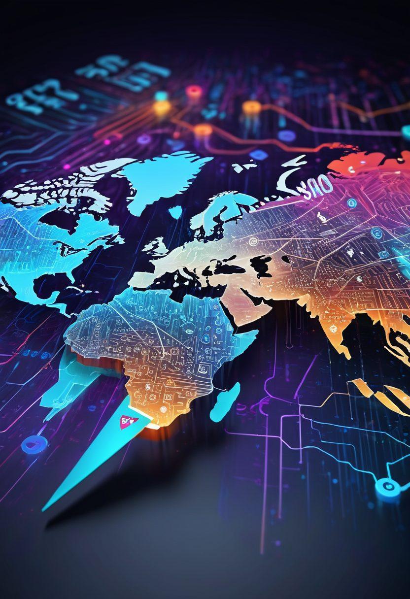 A dynamic and modern web interface featuring a 3D fork and knife cutting through a digital slice of layered code, with vibrant elements symbolizing SEO, social media, and analytics. The backdrop is a world map made out of circuits, emphasizing global reach. vibrant colors. 3D.